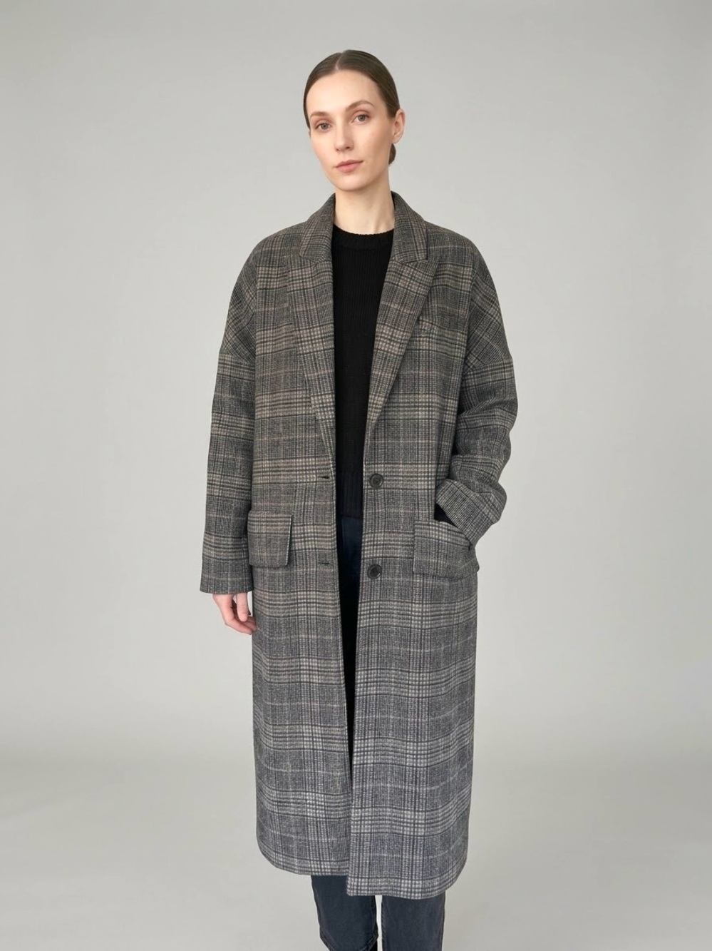 ZARA Gray Plaid Oversized Wool Blend Long Coat Jacket Tan Brown Accent XS Fits S